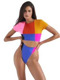 The Claudia Top is a fashionable color block crop top swimwear, perfect for those seeking a trendy and playful beach or pool outfit with a touch of modern style. The Stella Bottom is a fashionable choice with a color block design, offering both cheeky and full coverage options to suit your style. Its high waist and high leg cut create a flattering look that's perfect for soaking up the sun in style.
 Select: Top, Bottom; Size: XS, S, M, L, XL; Fit: -, Cheeky, Full Fitted Contrast Color Summer Swimwear, Summer Crop Top Swimwear For Poolside, Fitted Crop Top With Contrast Color For Summer, Cropped Swimwear For Poolside And Beach Season, Stretch Crop Top Swimwear For Beachwear, Cropped Swimwear For Beach Season, Crop Top Swimwear For Poolside And Beach Season, Poolside Crop Top Swimwear For Beach Season, Trendy Cropped Swimwear For Vacation