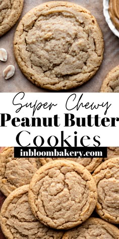 peanut butter cookies are stacked on top of each other with the words super chewy peanut butter cookies