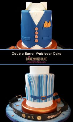 there are two cakes that have different designs on each one and the words double barrel waistcoat cake