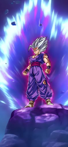 the dragon ball character is standing on top of a rock in front of a purple and blue background