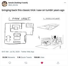 a tweet with an image of a kitchen and living room on it's twitter account