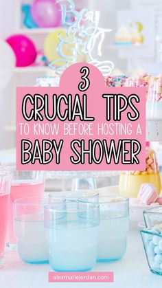 several baby shower items with the words crucial tips to know before hosting a baby shower