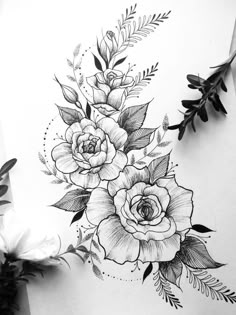 an ink drawing of flowers on paper next to some leaves and branches with one flower in the middle