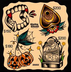 an old school tattoo flash sheet with various tattoos on it's back and sides