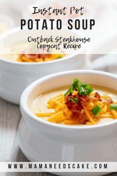 two white bowls filled with soup and topped with bacon, cheese and green garnish