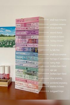 a stack of books sitting on top of a wooden table next to two cups and a painting