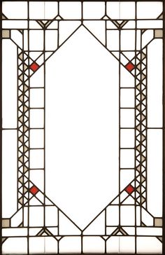 an art deco stained glass window with wood frame and red accents on the bottom panel