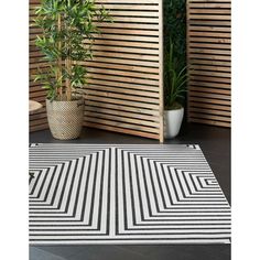 a black and white area rug next to a potted plant in front of a wooden wall