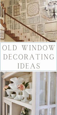 an old window is decorated with white flowers and vases on top of the shelves