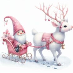 a santa claus riding in a pink sleigh pulled by a reindeer with bells on its antlers