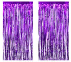 two purple tinsel curtains with fringes hanging from the side and one in front