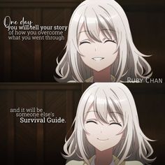 an anime character with long white hair and text that reads, one will tell your story to