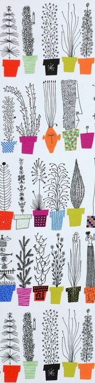 an image of potted plants in different colors and sizes on a white background with black lines