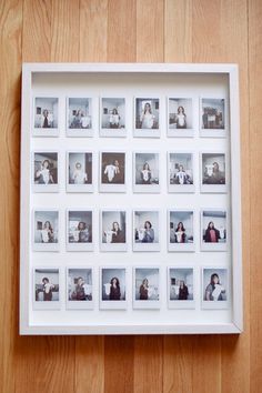 a white frame with multiple photos in it on a wooden floor next to a wall