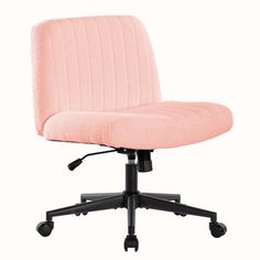 an office chair with wheels and a pink upholstered fabric seat cover on it