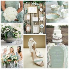 a collage of photos with white flowers and green accents