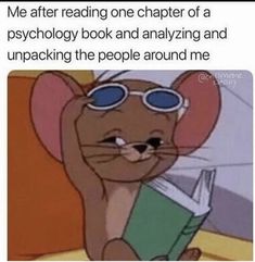 a cartoon mouse wearing sunglasses reading a book with the caption when your friend starts asking no questions about the craft and starts getting more and more