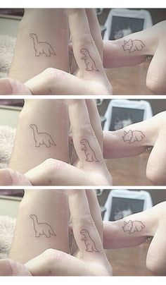 three pictures of someone's hands with small tattoos on them