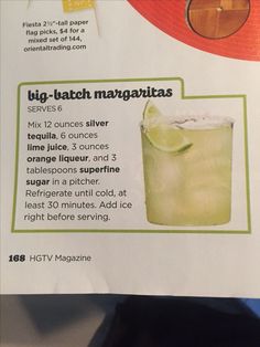 an advertisement for a margarita drink with limes and ice in it's wrapper