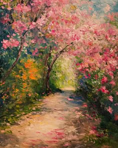 an oil painting of flowers and trees on a path