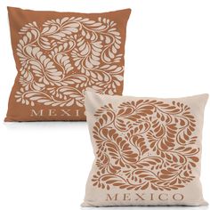 two decorative pillows with the word mexico printed on one pillow and the other in brown