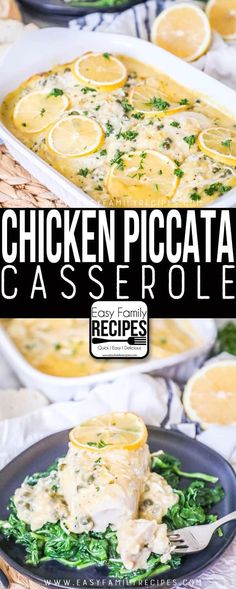 chicken piccatata casserole with lemons and spinach on the side