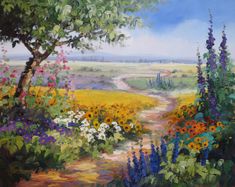 an oil painting of flowers and trees on a path in the middle of a field