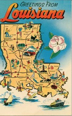 a map of the state of louisiana with people and boats on it, including a rose