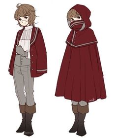 an anime character wearing a red coat and gray pants, standing next to each other