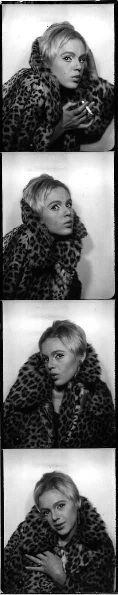 black and white photos of a woman with her hair pulled back in a fur coat