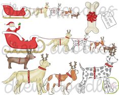 christmas dogs and reindeers with santa's sleigh clipart set for commercial use