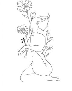 a line drawing of a woman sitting on the ground with flowers in her hand and looking at