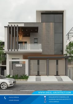 a car is parked in front of a modern house