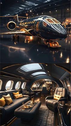 the inside of an airplane with couches, tables and chairs in it's center