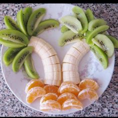 a plate topped with sliced kiwis and oranges on top of a counter