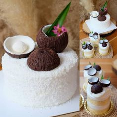 there is a cake decorated with coconuts and other desserts on the table together