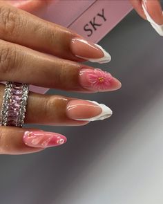 Flowers On Nails Simple, Simple 3d Nails, Pink And White Birthday Nails, Cute Pink Almond Nails, Classy Gel Nails, Pink Flower Nails, Spring Nail Designs, Swarovski Nails