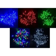 four different types of christmas lights in various colors and sizes, all with snowflakes on them