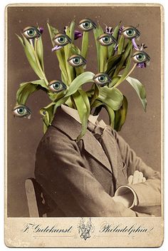 an old fashioned photo with flowers and eyeballs on it's head in front of a man