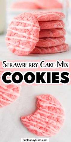 strawberry cake mix cookies are stacked on top of each other with the words, strawberry cake mix cookies