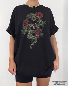 We are loving this skull skeleton vintage aesthetic tee. Its such a cute addition to fairy core fairy grunge wardrobe! We suggest going 1-2 sizes up from your normal size to get an oversized look like the photos. This cotton tee has the classic cotton look and feel and fits like a well-loved favorite. It's soft, cozy, and a great trendy addition to your wardrobe! Super soft cotton and excellent quality print makes you fall in love with it over and over again. This is garment is digitally printed Y2k Grunge Clothes, Grunge Wardrobe, Fairy Grunge Clothes, Fairycore Clothing, Skeleton Vintage, Fairycore Dark, Retro Fashion Outfits, Grunge Clothes, Cottagecore Y2k