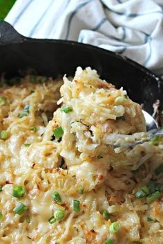 a skillet filled with macaroni and cheese