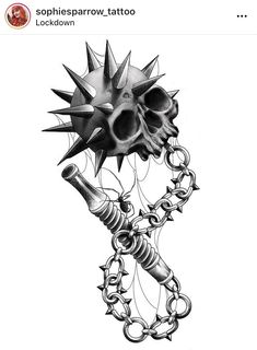 a drawing of a skull with spikes and chains on it's head, in black and white