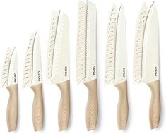 five knives are lined up next to each other