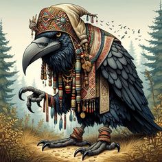 a painting of an eagle with feathers and beads on it's head, standing in the woods