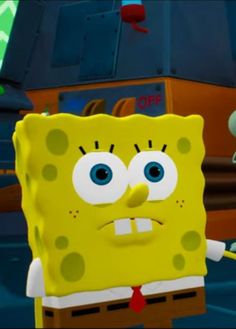 an animated spongebob character holding a tennis racket in front of other cartoon characters