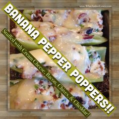 an image of banana pepper poppers with cheese and bacon on them in a baking dish