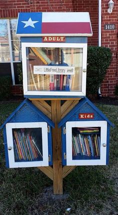 an outdoor library with bookshelves built into it