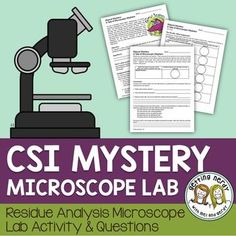 a microscope lab with the text, csi mystery microscope lab and an image of a microscope