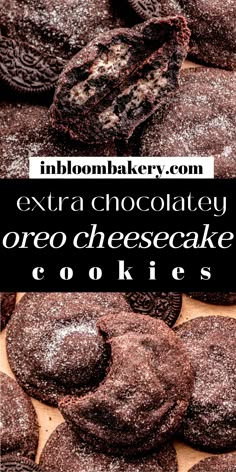 chocolate oreo cheesecake cookies with text overlay that reads, extra chocolate oreo cheesecake cookies